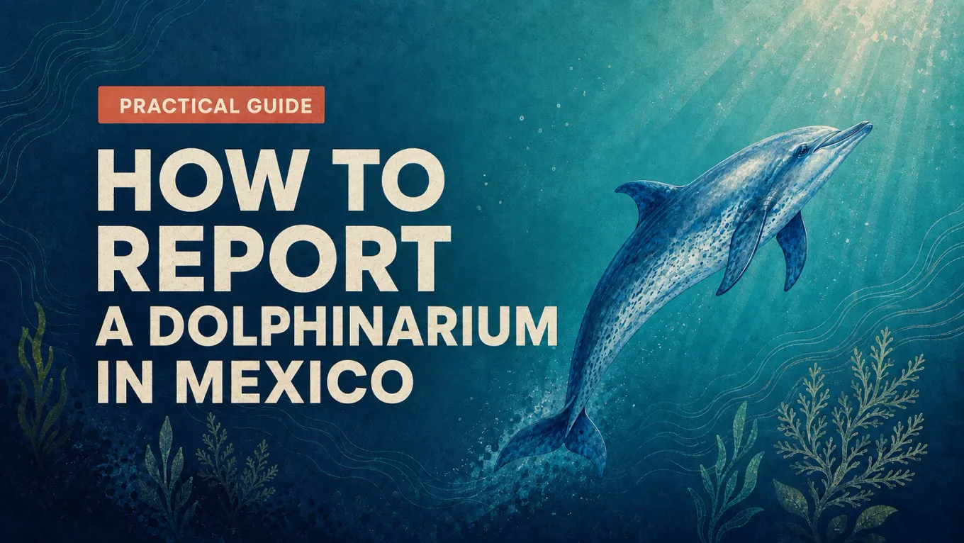 A spotted dolphin swims upward toward the light beside the title of a guide to reporting a dolphinarium in Mexico.